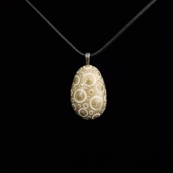 Hand Painted Dot Art Pendant. Gold with Parchment and Gold Spheres - Picture 6 of 16